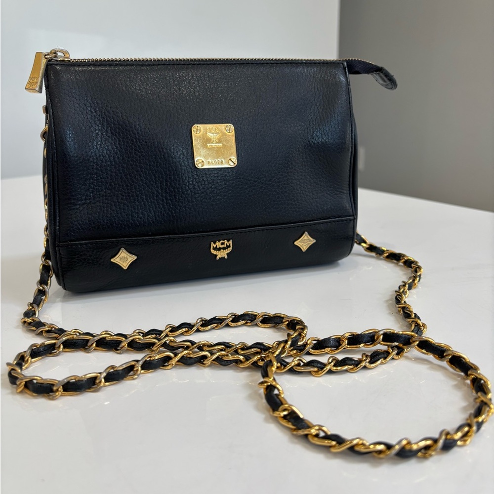 MCM Vintage Black Pebbled Leather Chain Crossbody Bag Gold Hardware - Picture 2 of 13